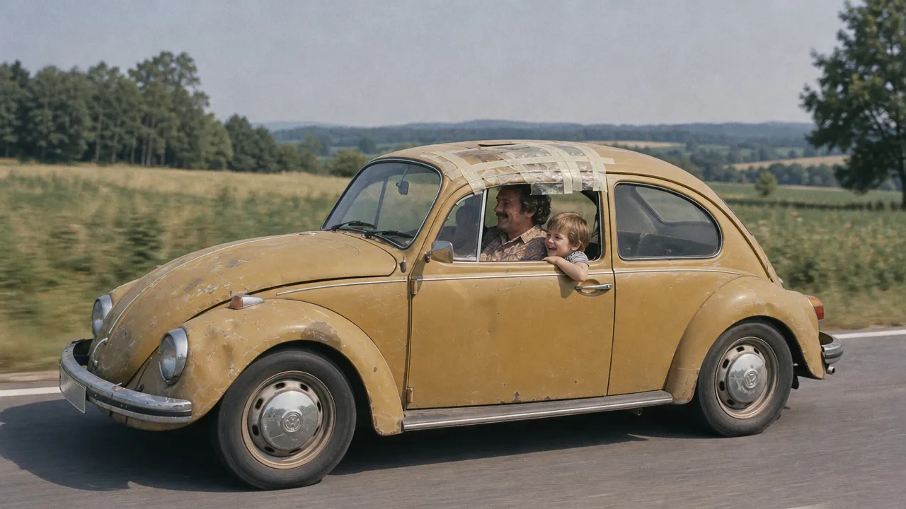 Vater und Sohn fahren im alten VW Käfer über eine Landstraße