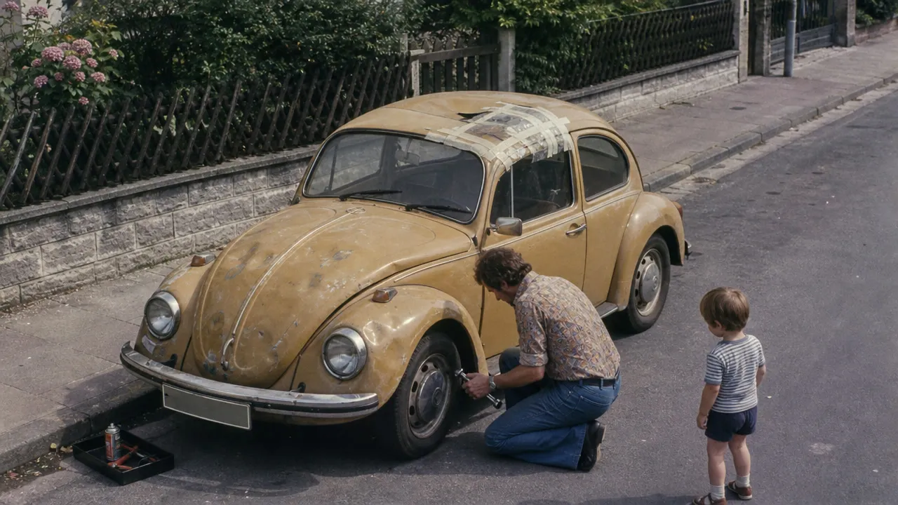 Ein Vater repariert am Straßenrand einen alten VW Käfer mit geflicktem Dach, sein kleiner Sohn schaut zu
