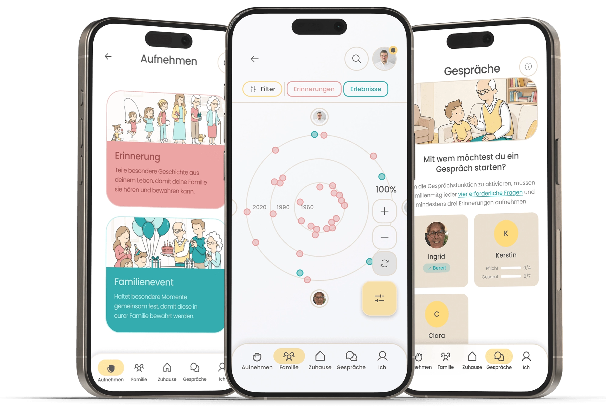Drei Smartphones zeigen die emori App mit Familien-Erinnerungen, Events und Gesprächen