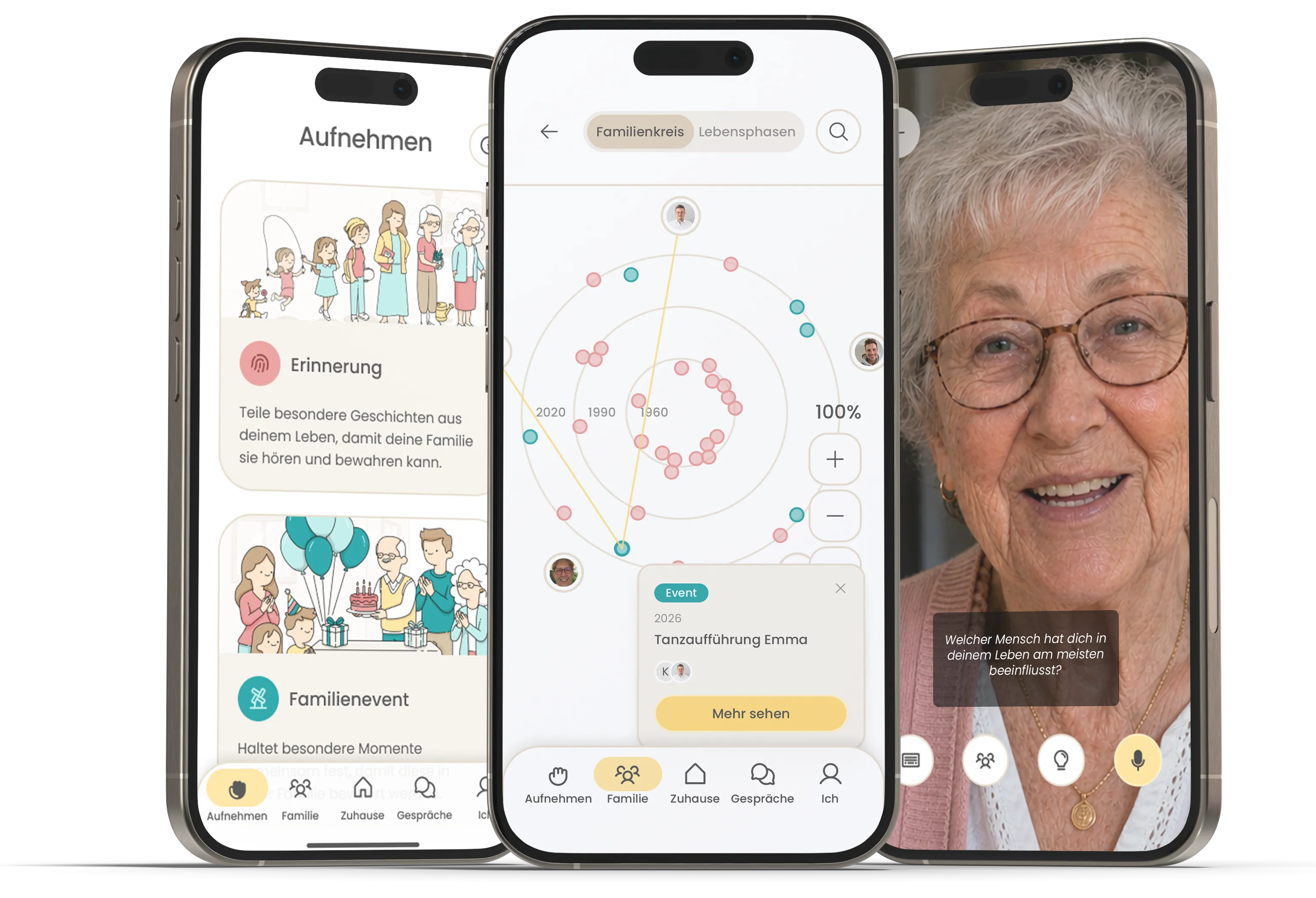 Drei Smartphones zeigen die emori App mit Familien-Erinnerungen, Events und Gesprächen