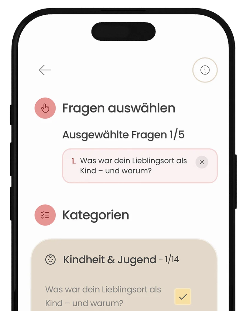 emori App zeigt die Erinnerungen-Funktion mit kuratierten Fragen und Kategorien