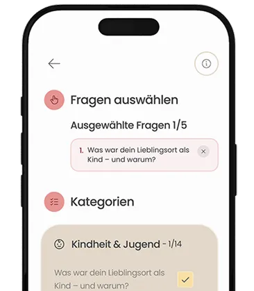 emori App zeigt die Erinnerungen-Funktion mit kuratierten Fragen und Kategorien