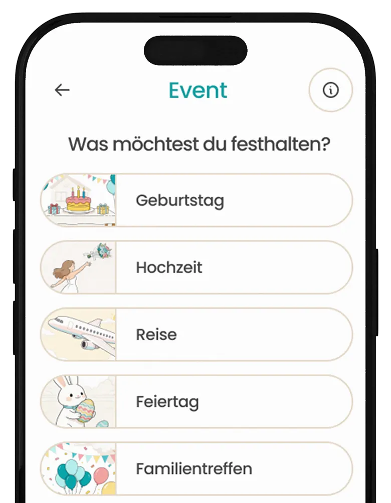 emori App zeigt die Event-Funktion mit Kategorien wie Geburtstag, Hochzeit und Reise